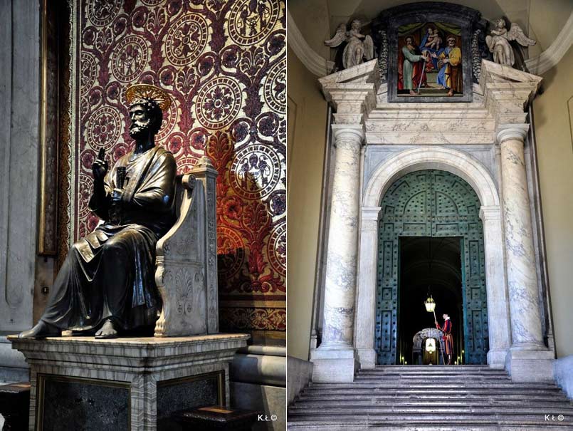 Figura świętego Piotra i Brama Spiżowa przed wejściem do Bazyliki / fot. Łukasz Kobiela